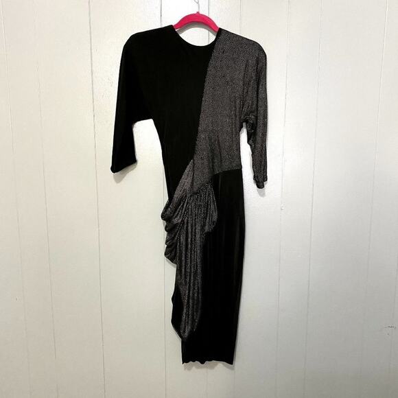 Vintage 80s Casadei Black Gold Texture Draped V-back Evening Midi Dress 6 - Picture 1 of 9